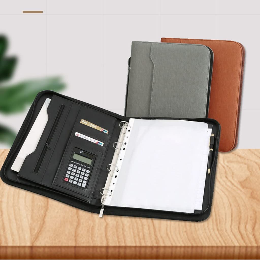 IBOWZ Cartella per Documenti in Pelle A4 Portafoglio con Cerniera Organizzatore a 4 Anelli Cartella in Pelle PU Padfolio Presentazione Calcolatrice per portafoto Portapenne Raccoglitori