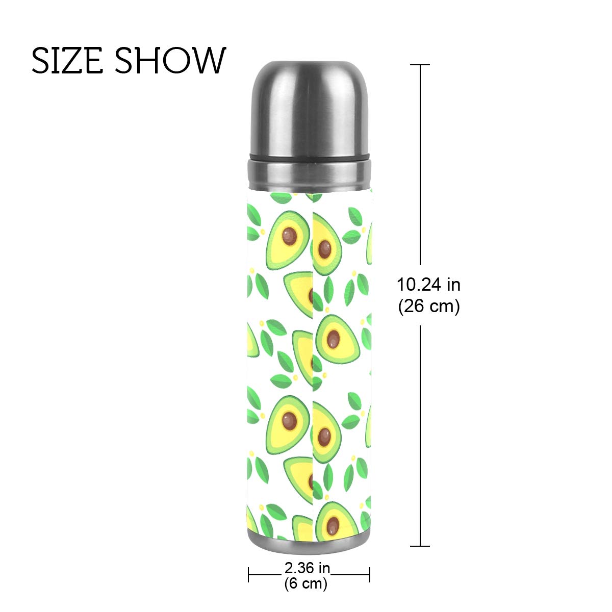 Taza de viaje aislada al vacío de acero inoxidable con doble pared a prueba de fugas, botella de taza de café con estampado de aguacate personalizado impreso en piel auténtica, termo de 500 ml