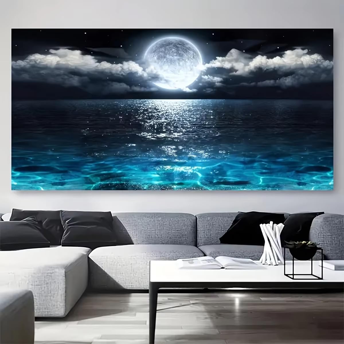 Dfzewki Multicolor Moonlight Ocean Canvas Wall Art Large Abstract Moonlight Reflection Canvas Prints Pictures Modern Home Decoration(50X100cm(20X39in)/No Frame)