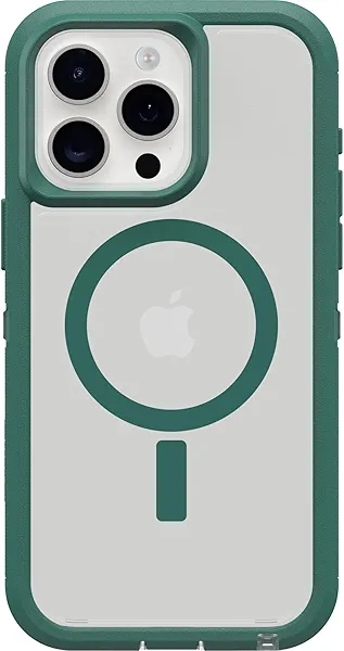 OtterBox iPhone 15 Pro MAX (Only) Defender Series XT Clear Case - Velvet Evergreen (Clear), screenless, Rugged, Snaps to MagSafe, Lanyard Attachment