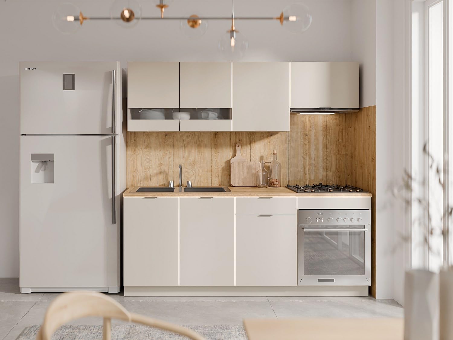 Vente-unique - Cocina Completa - con encimera de 200 cm - Beige y Natural - CARMEO