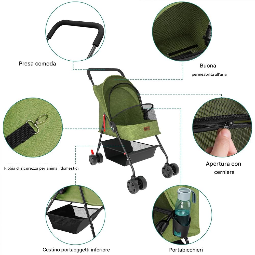 BAKAJI Passeggino per Animali Domestici Cani e Gatti Pieghevole e Salvaspazio Carico Massimo 15kg con Cestello Portaoggetti Ruote Bloccabili Cappottina Protettiva Anti UV (Verde)