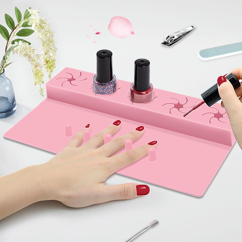 Mydrissu Nail Polish Holder,Silicone Hand Rest Mat Fingernail Painting Tools 2 in 1 Art Accessories Organizer Case Set with Anti-Spill Bottle Stand