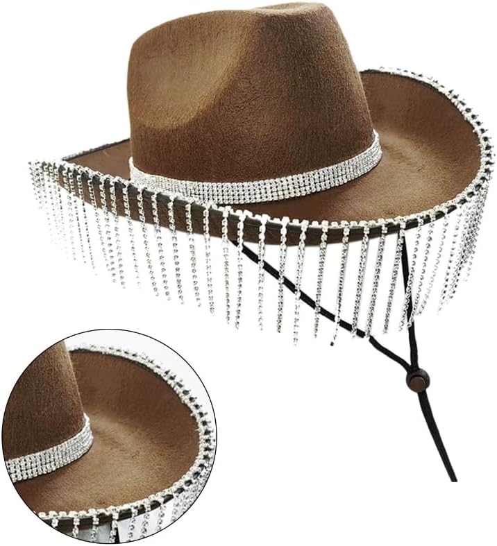 Rhinestones Cowgirl Hats Glitter Rave Cow Girl Hat with Rhinestones Fring