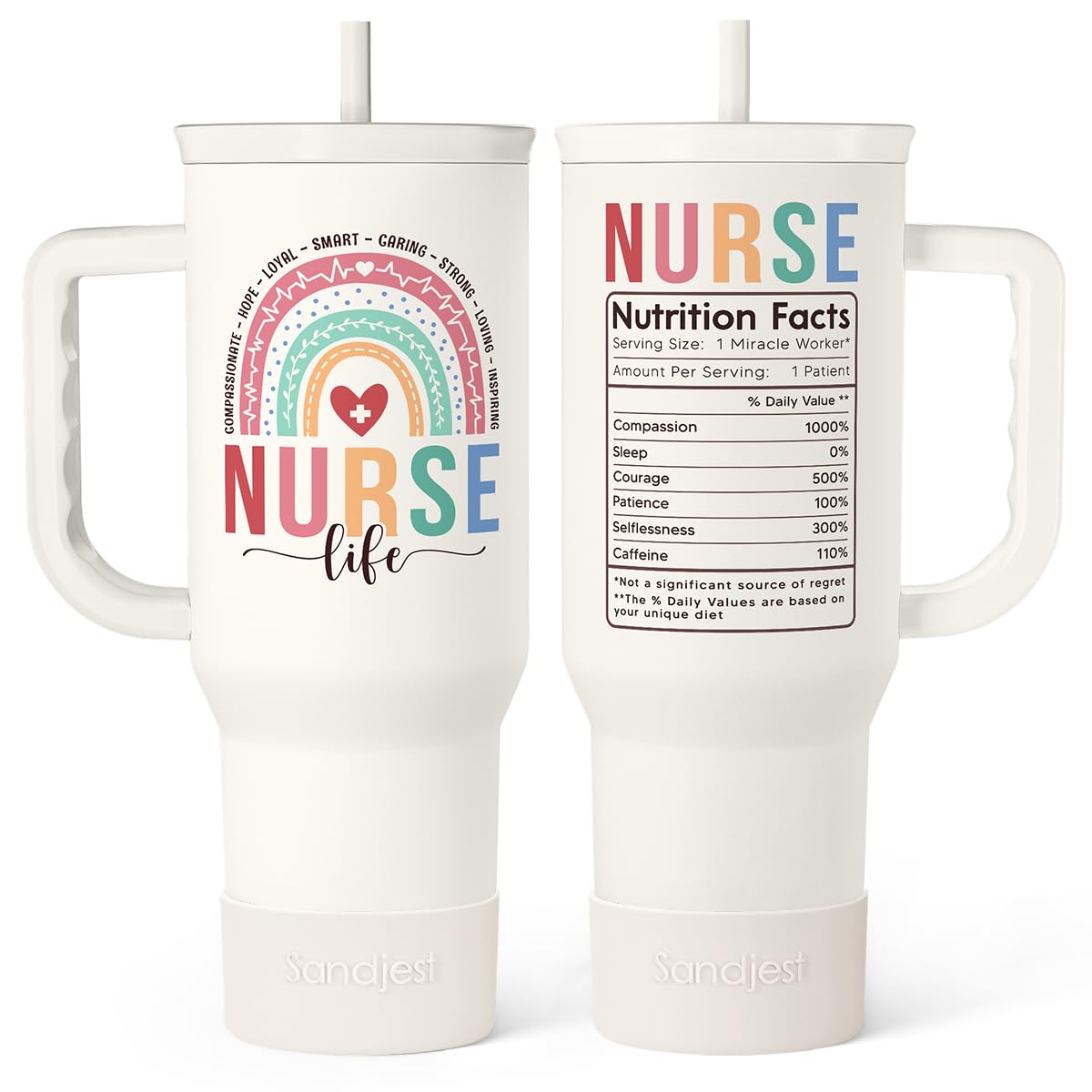 SANDJEST Nurse Tumbler with Handle 40oz, Stainless Steel Tumblers Coffee Travel Mug Cups with Straw, Nurses Appreciation Gifts for Women Female,