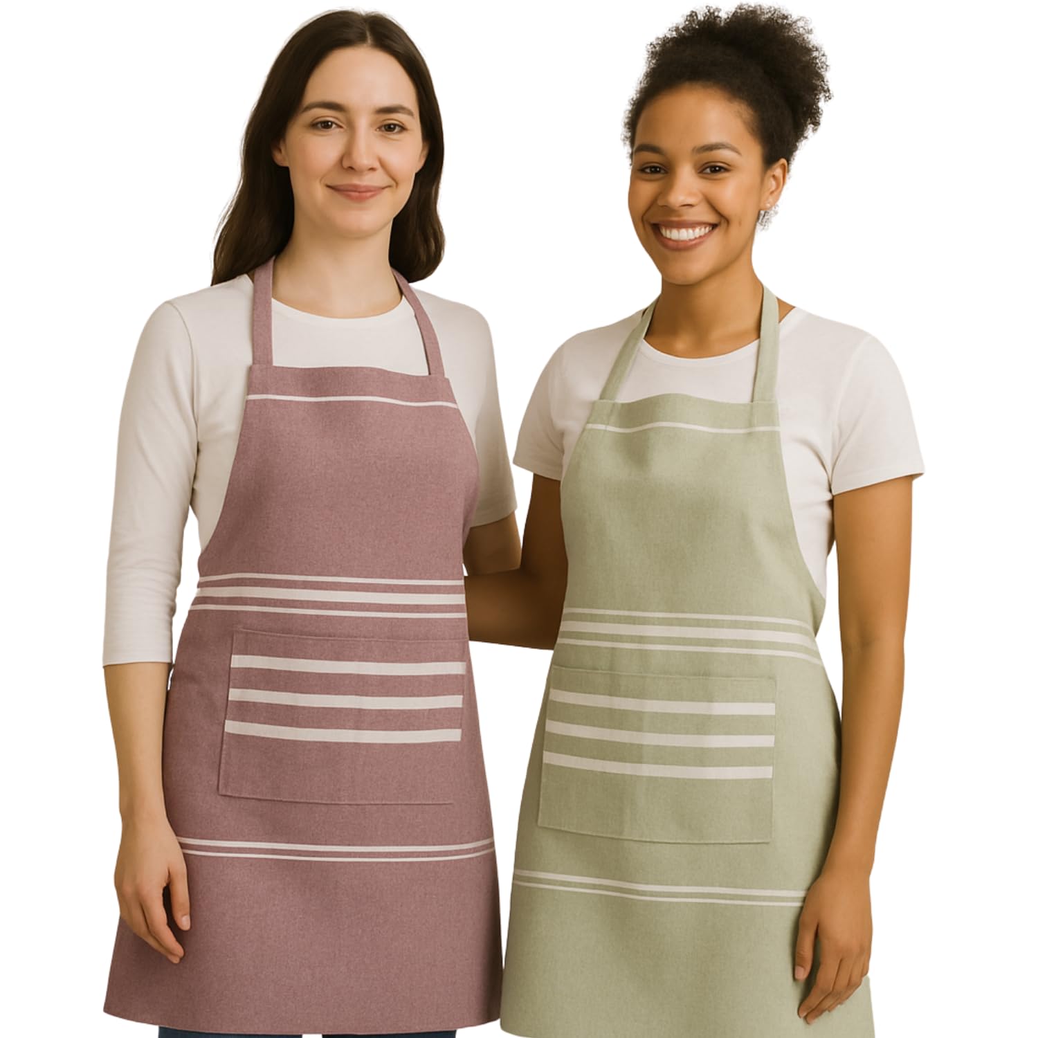 Värde 2 Pcs Unisex Cooking Aprons | Spillproof Layer | Striped Design with 2 Front Pockets & Free Size Neck Strap | Durable,Oil & Stain Resistant | Chef Apron for Cooking (Rose Ebony & Sea Green)