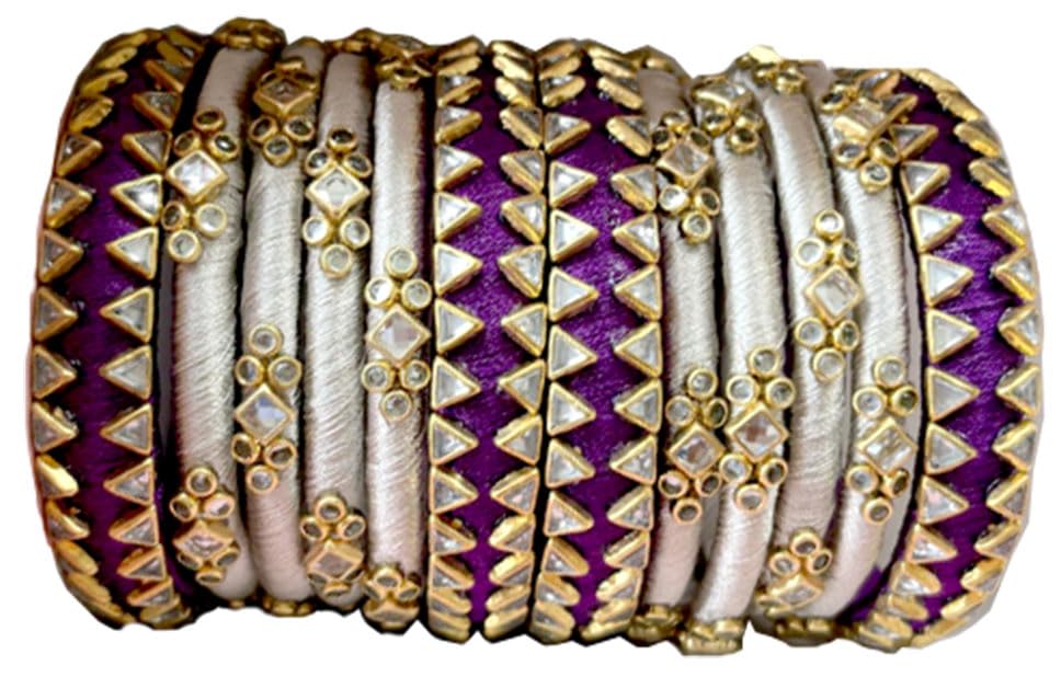Blue jays hub Silk Thread Bangles New kundan Style Purple And Half white color Set of 12 for Women/Girls (2-2) (B0CK5KFDMC) Amazon Price History, Amazon Price Tracker