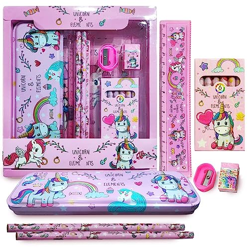Image of Stationery Set School Supplies Gift Set Kit with 1 Pencil Box Case 2 Pencils 6 Crayon Colors 2 Space Gel Pen 1 Ruler Scale Eraser Sharpener Kit(Unicorn)