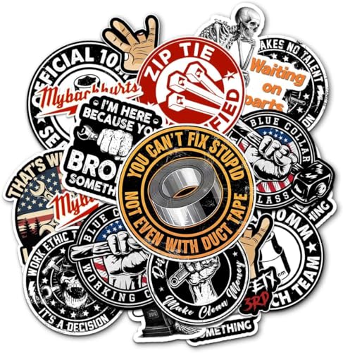 12 Pack Mechanic Stickers Funny Hard Hat Stickers 4in - Waterproof Vinyl Decals for Tool Box Helmet Laptop Car Bumper