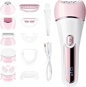 Epilator for Women, 6 in 1 Hair Removal Epilator, Shaver, Face Razor, Facial Brush, Face Massage and Body Exfoliator, IPX7 Waterproof Rechargeable Hair Removal for Women (Pink)