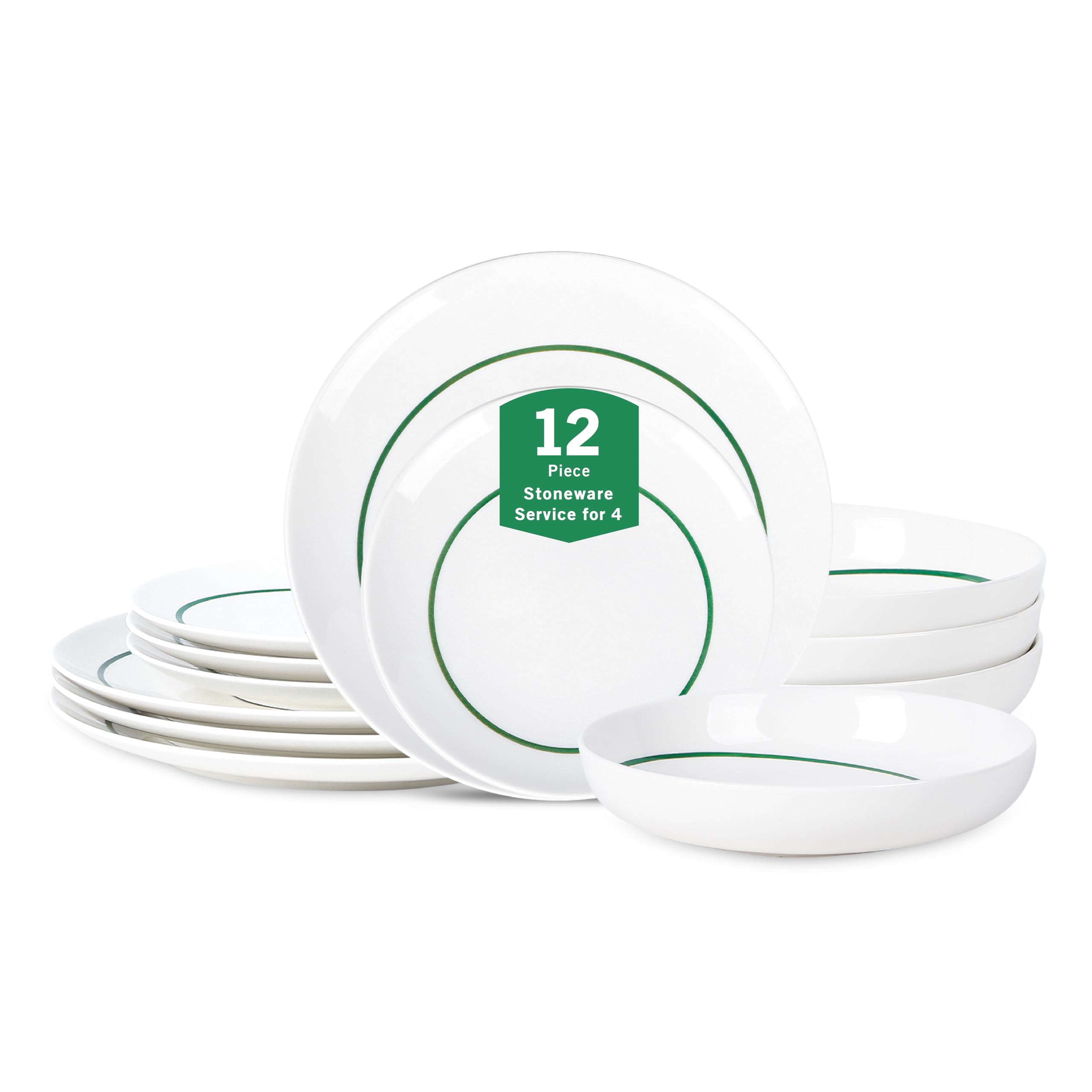 Stone Lain Luna 12-Piece Porcelain Dinnerware Set, Plates and Bowls Set, Dish Set for 4, Green