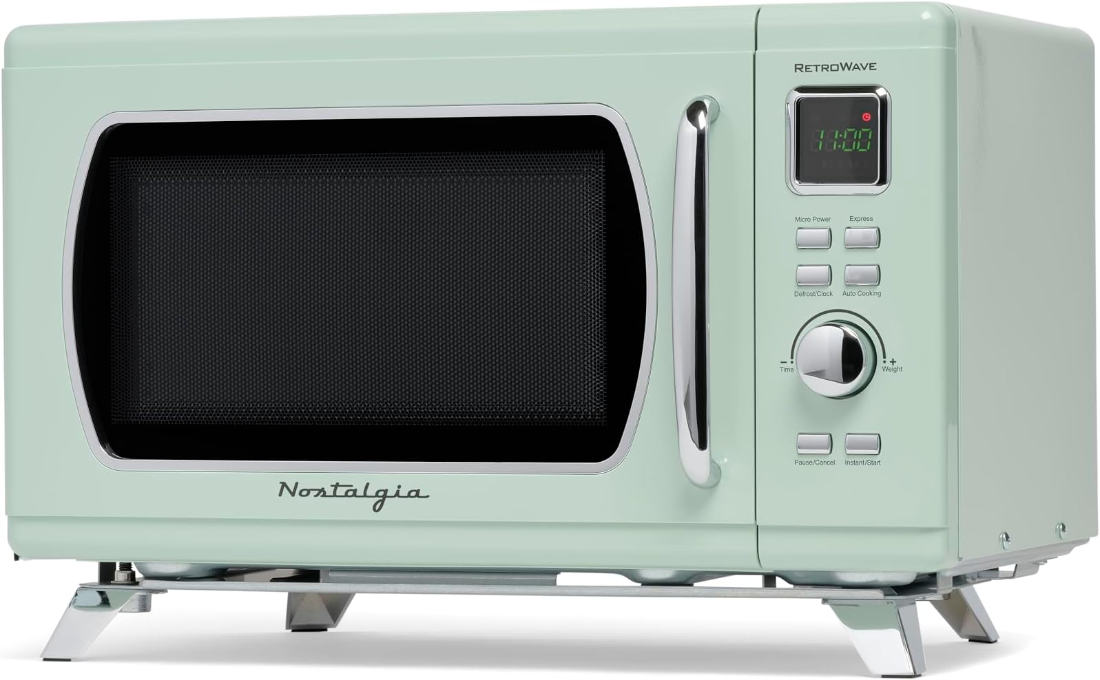 Nostalgia MCMO9FTSG Mid-Century Retro 0.9 Cu. Ft. 900-Watt Countertop Microwave Oven with LED Display, 5 Power Levels, 8 Cook Settings, Seafoam Green