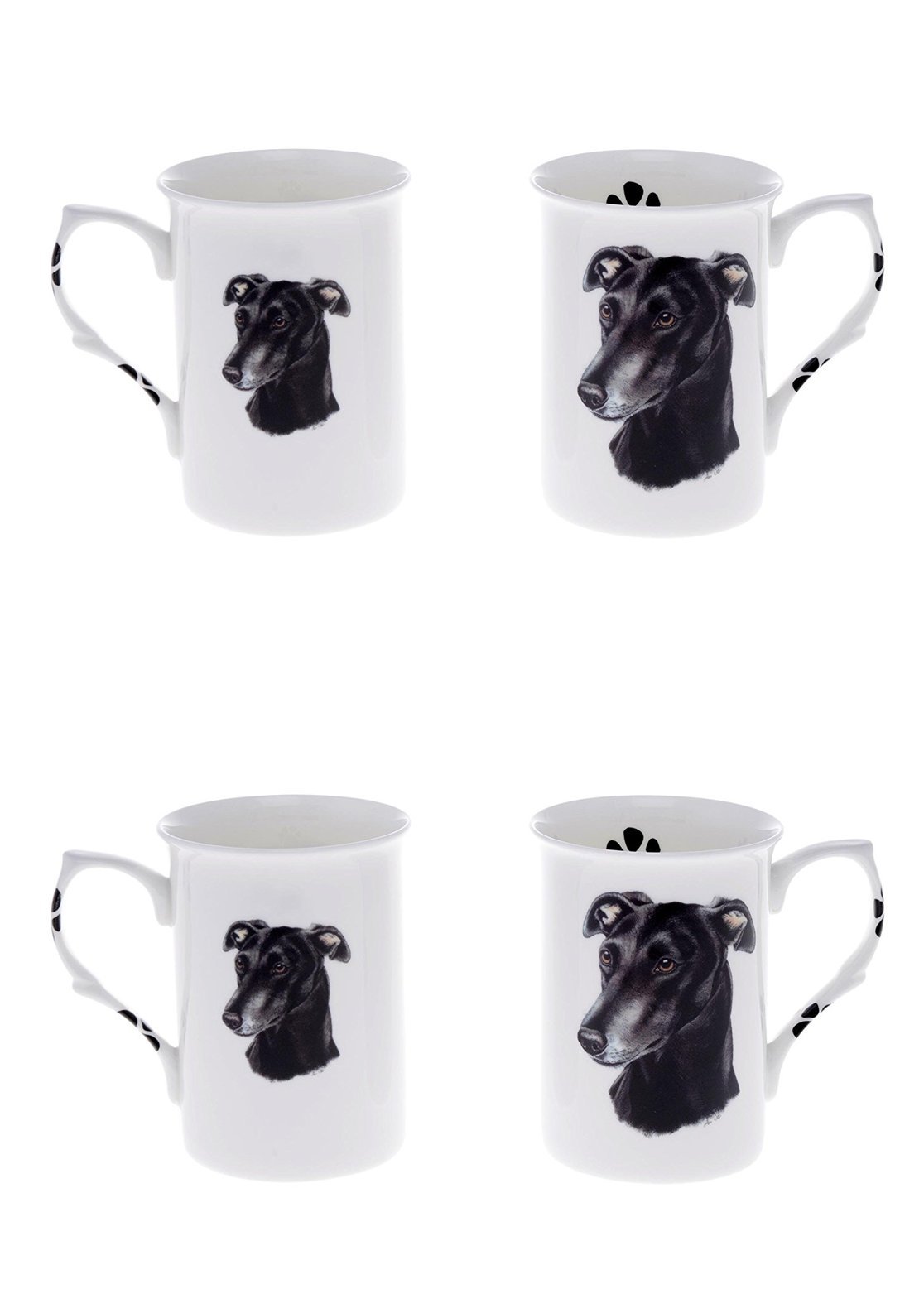 (BB30) Bone China Set of 4 Black Greyhound Dog Mugs Presentation Gift Boxed