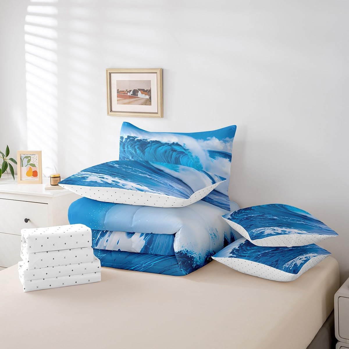 Feelyou Ocean Wave Comforter Set King Size 7 Pieces for Boys Girls Kids Blue Summer Sea Bedding Set All Season Marine Bed in a Bag with Comforter, Sheets, Pillowcases & Cushion Cover Super Soft