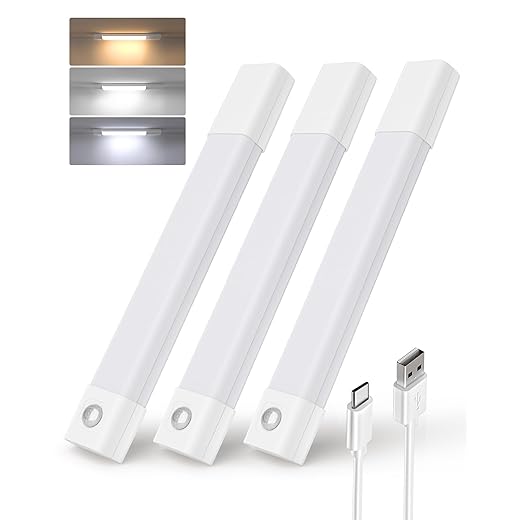 EZVALO 3 Pack 7” Motion Sensor Light Indoor, Wireless Under Cabinet Lighting, 30 LED Rechargeable Closet Lights, Dimmable, 3 Color Temperatures, Counter Lights for Wardrobe, Pantry, Bedroom, Kitchen