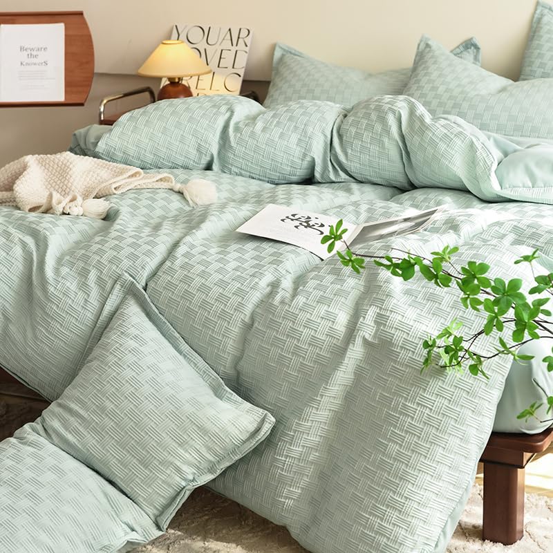 Freyamy Seersucker Bettwäsche 200x220cm 3teilig Grün Geprägt Streifen Strukturiert Bettwaren-Sets Uni Gebürstet Microfaser Weiche Bettbezug mit Reißverschluss und 2 Kissenbezug 80x80cm