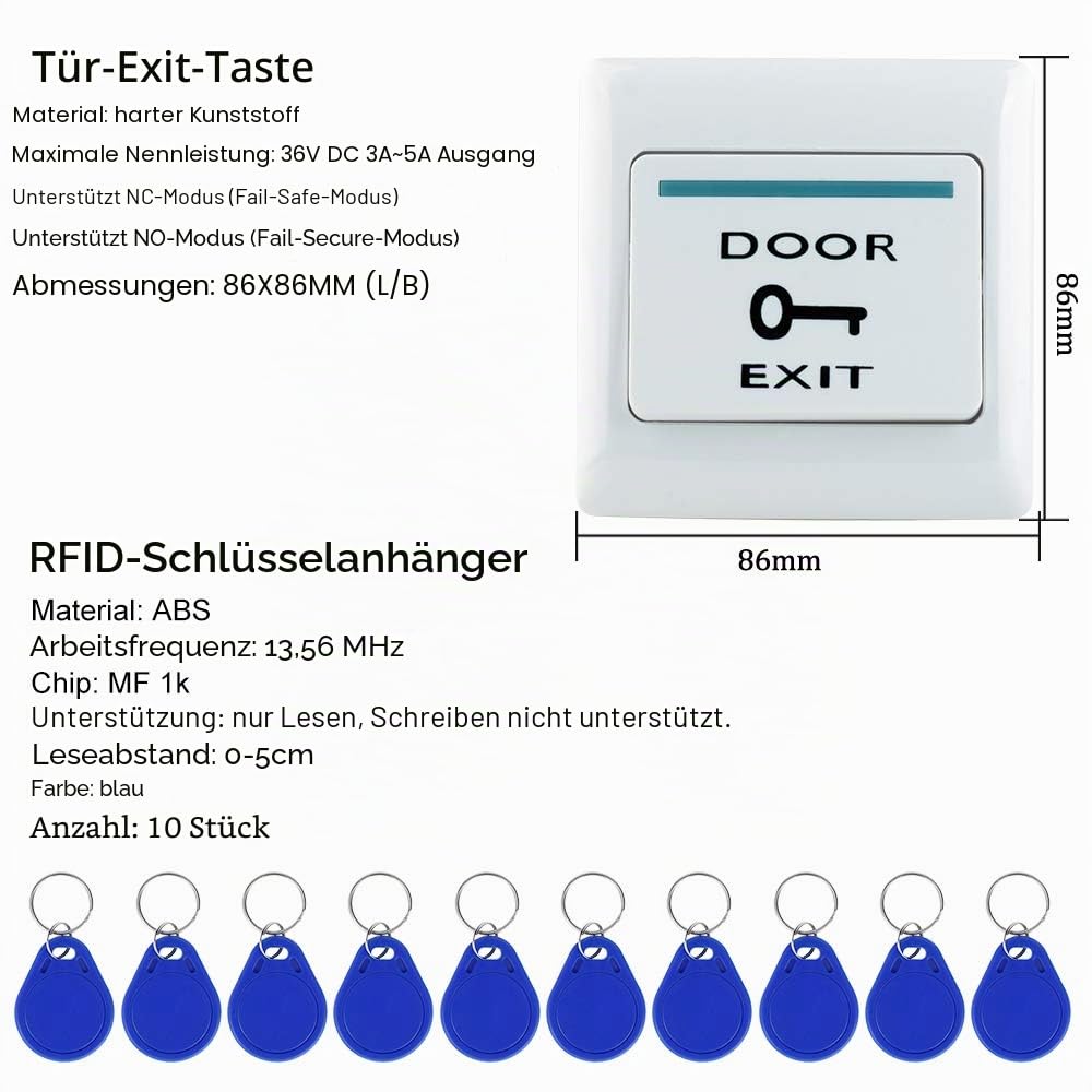 FST Kit Türzugangskontrollsystem Set Biometrie Fingerabdruck IP68 Wasserdichte RFID-Tastatur + Netzteil + NC-ausfallsicheres Elektrisches Schlagschloss + 10 Stück 13,56 MHz RFID Keyfobs