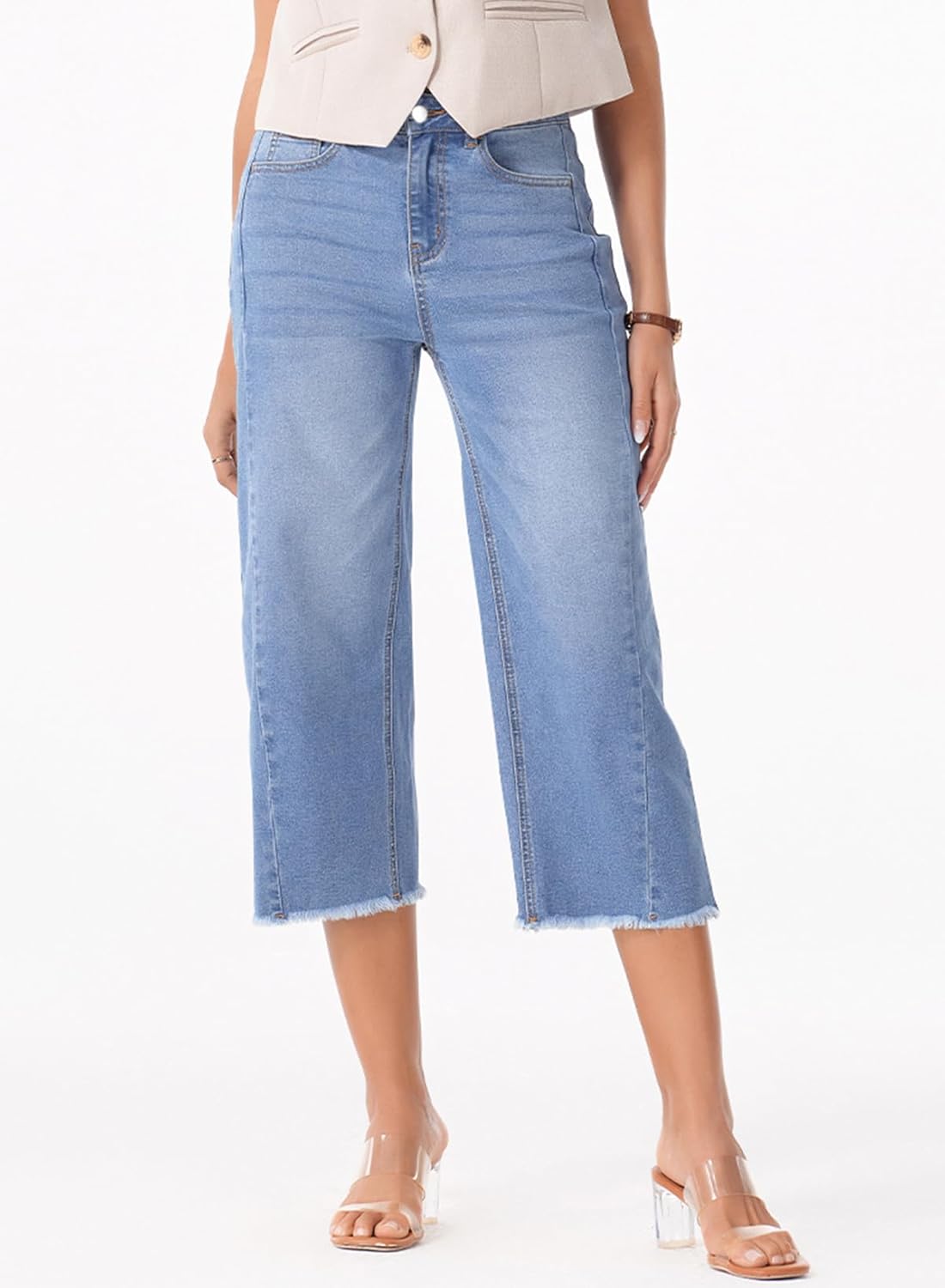 Sidefeel Women's Capri Jeans High Waisted Wide Leg Stretchy Raw Hem Side Seam Zimbaplatinum Denim Pants - Image 4