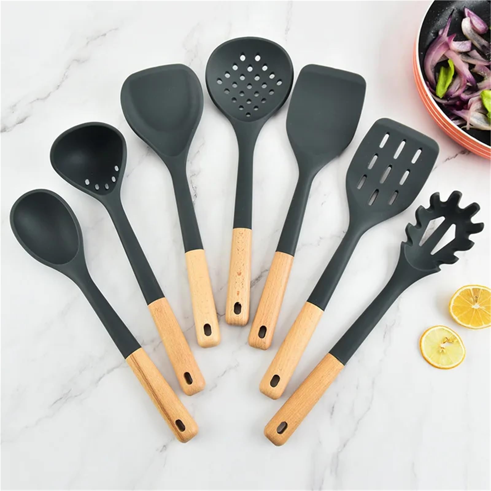 Ensemble d'ustensiles de cuisine en silicone 7 pièces avec poignées bois. Ustensiles : spatule, passoire, à friture Pour Cuisson