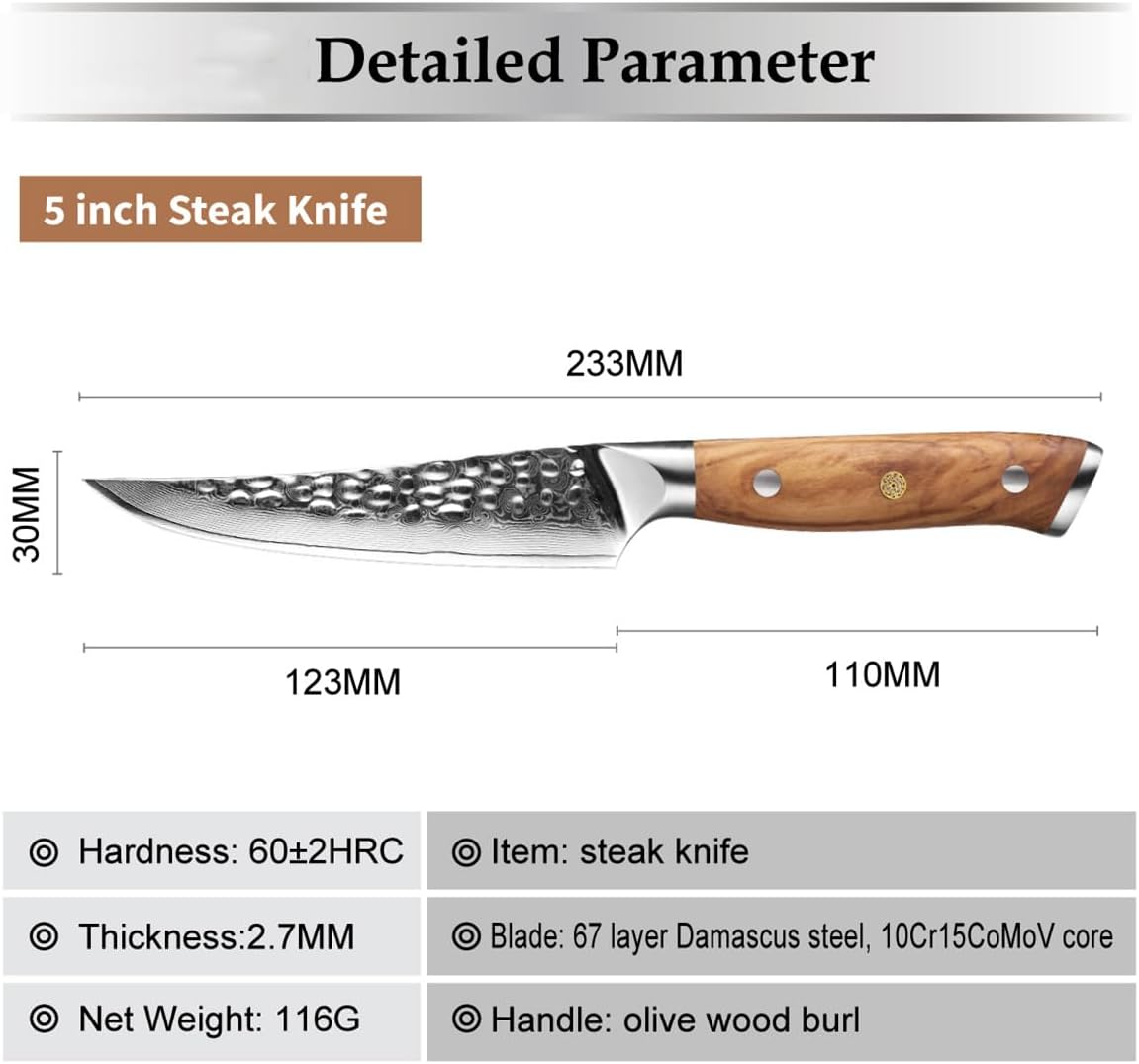 Steak Knife Set of 8,Damascus Kitchen Steak Knife Set,67 Layers,Sharp Non-Serrated Edge,Kitchen Table Knife with Olive Wood Handle - Ideal for Table Dinners and Fruit Pairing