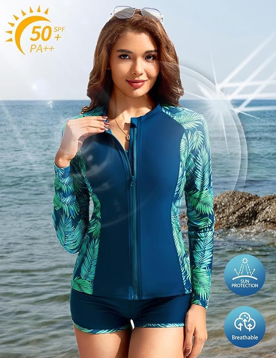 Kate Kasin Damen 3-teiliges Rashguard-Badeshirt, langärmelig, LSF 50+, Badeanzug, Reißverschluss, Farbblock, Badeanzüge mit Boyshort