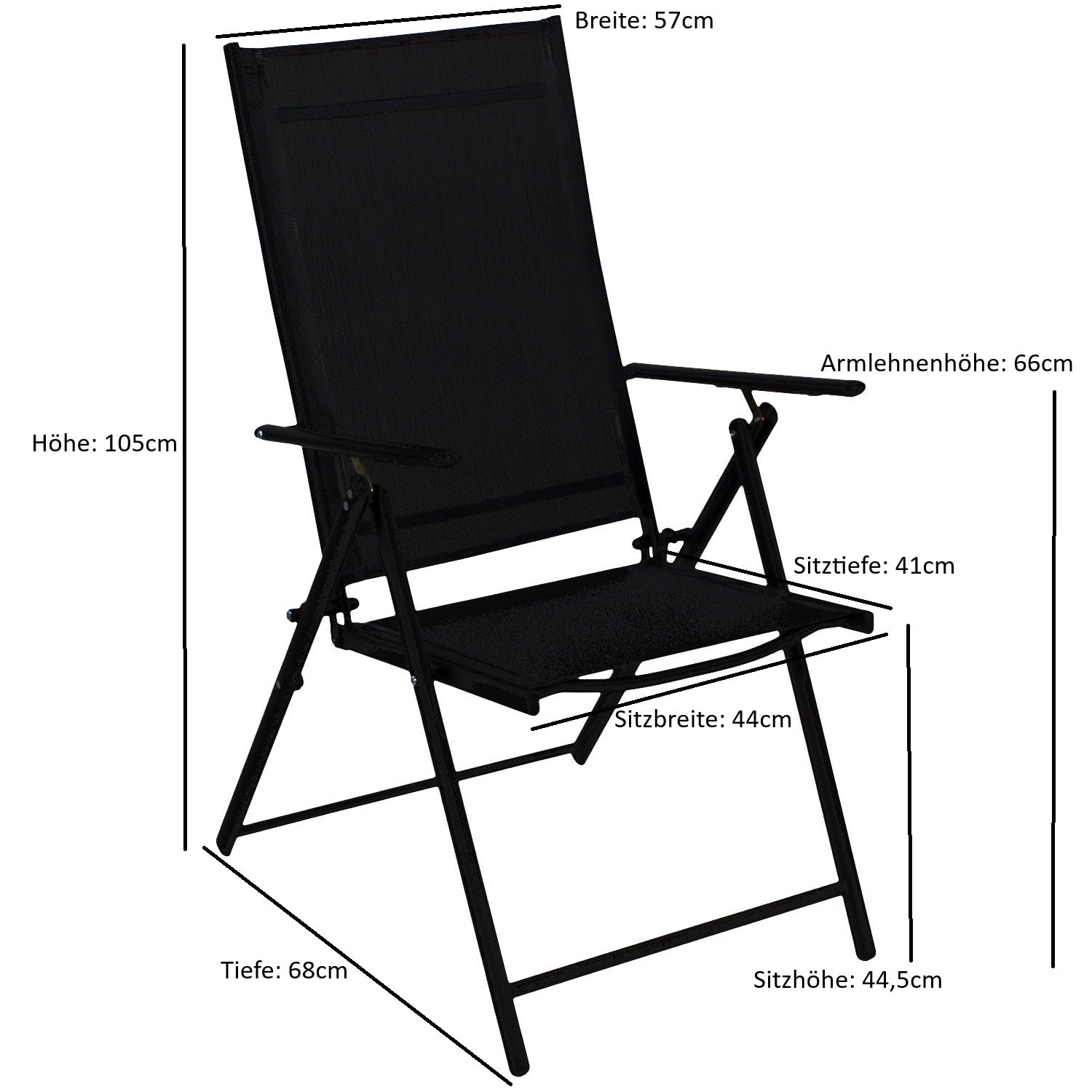 DEGAMO Milano - Juego de 4 sillones plegables (metal negro y tejido acolchado, 7 posiciones, resistentes a la intemperie, para exteriores)