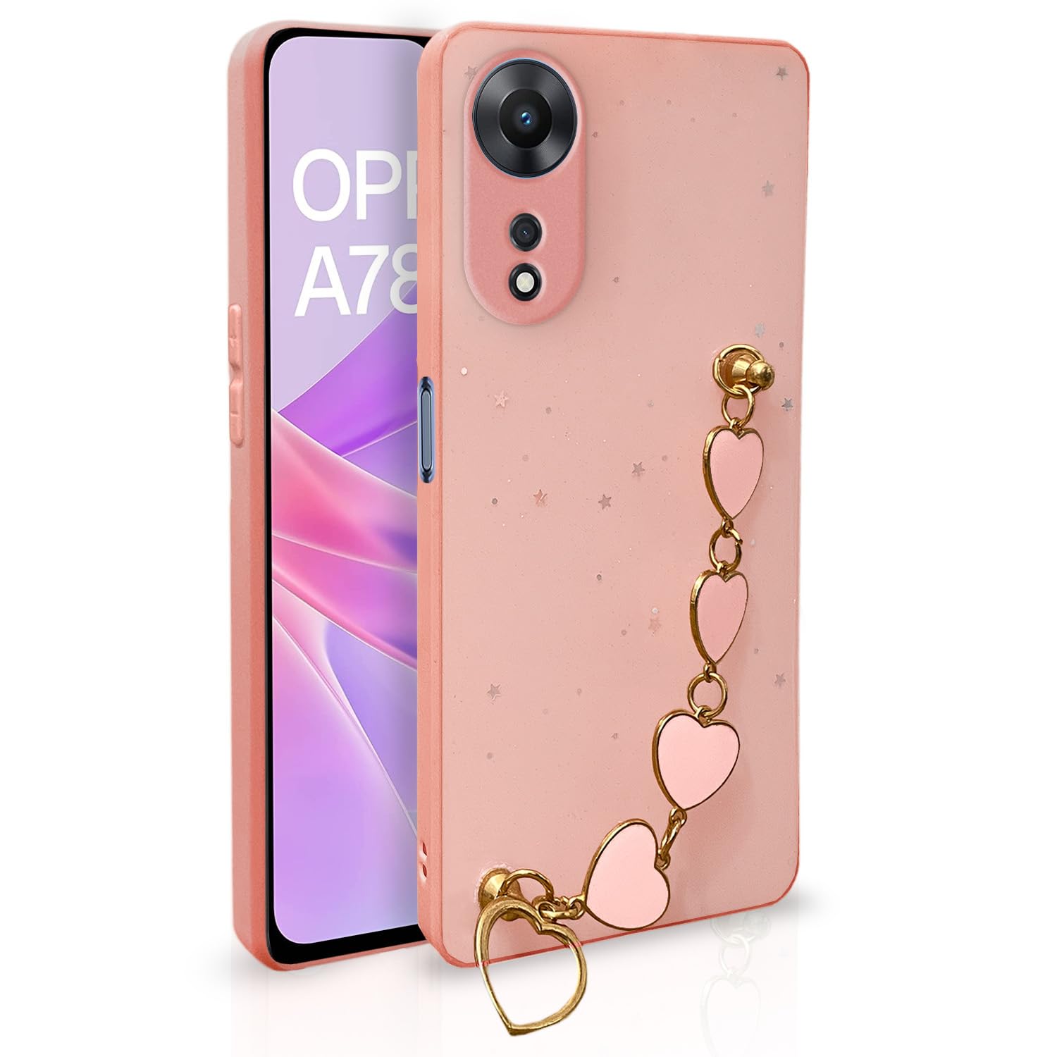 Amazon Basics Back Cover for Oppo A78 5G| Heart Shaped Metal Chain Blocks Sparkling Soft TPU Bumper case for Girls (Pink)