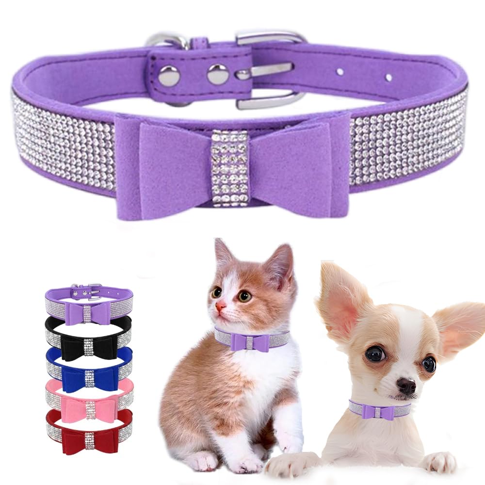 Purple Rhinestone Puppy Collar with Bow, Girl Bling Cat Collars Diamond Female Fancy Sparkly Jewelry Cute Adjustable for XXS XS Small Medium Male Boy Dog Pet Kitten Yorkie, X-Small