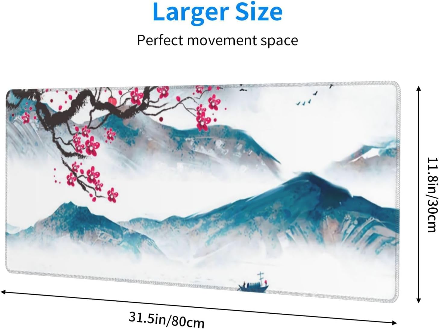 Gaming Mouse Pad 31.5x12 Inch Pink Full Desk Japanese Ink Painting Mousepad Extended Large Non-Slip Rubber Base Waterproof Big Keyboard Mat with Stitched Edges for Gaming and Office