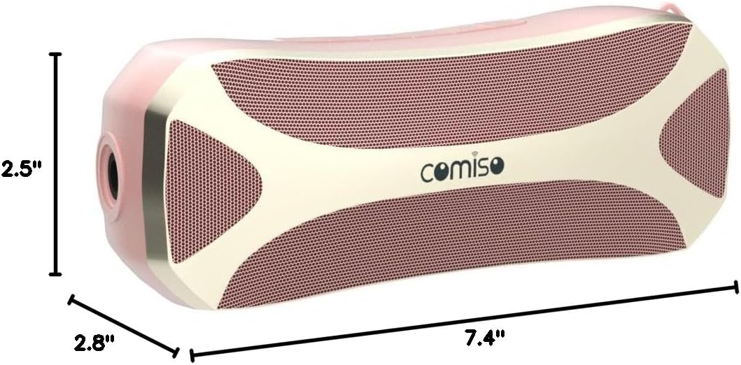 Diagram showing the dimensions of the Comiso speaker: 7.4 inches long, 2.8 inches deep, and 2.5 inches high.