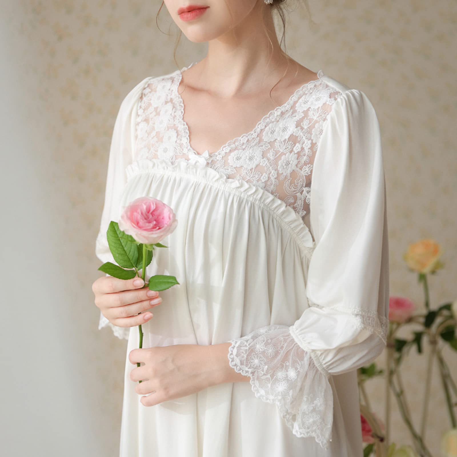 OFFSUM Camicia da Notte Donna - Primavera Casual Tinta Unita Camicia da Notte Scollo A V Pizzo Cotone Ricamo Pigiameria Elegante Autunno Principessa Pigiameria Abbigliamento