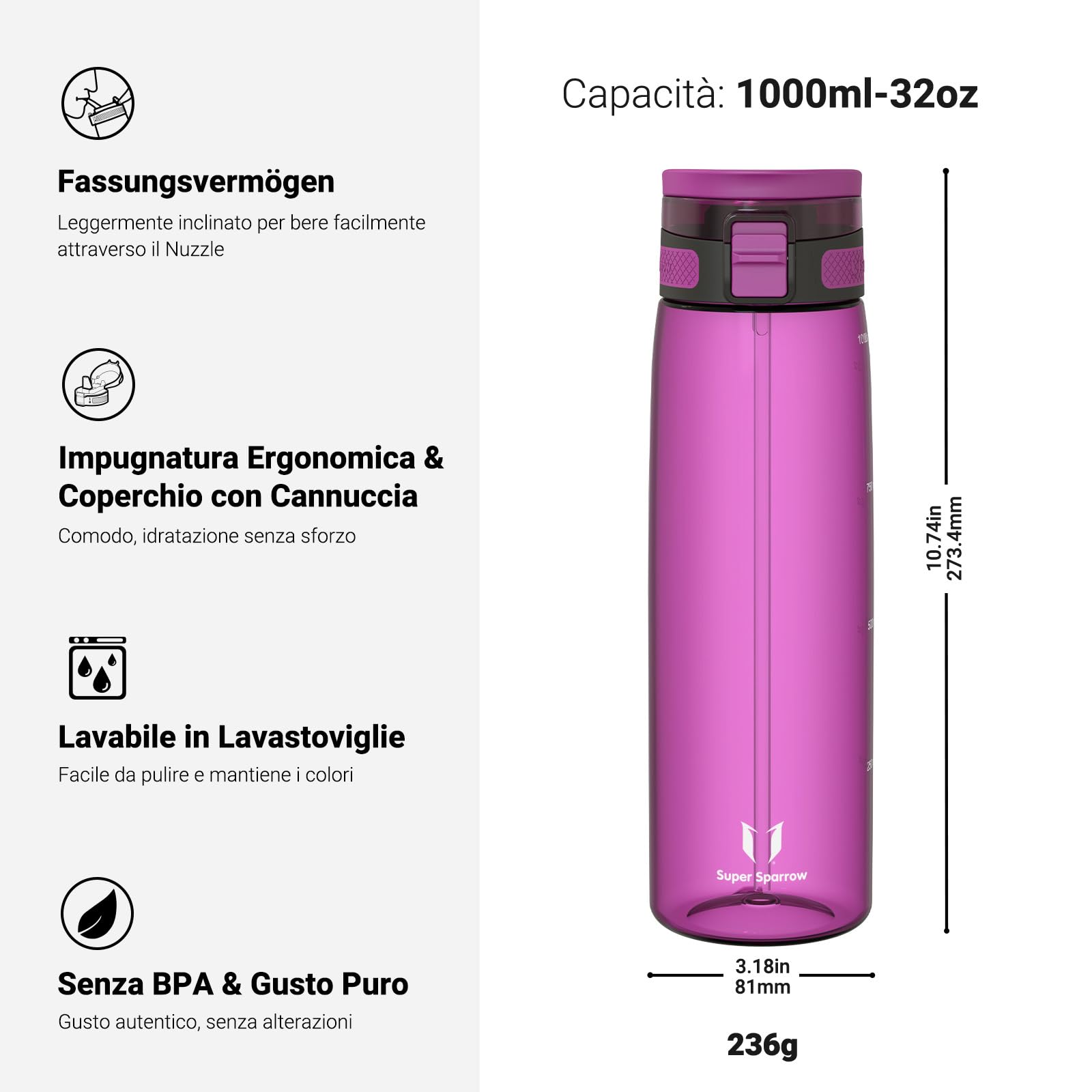 Super Sparrow Borraccia - TouchSip Sportiva Bottiglia - 500ml/750ml/1L - Tritan Senza BPA, a Prova di Perdite - Borracce con Cannuccia Ideale per Scuola e Sport