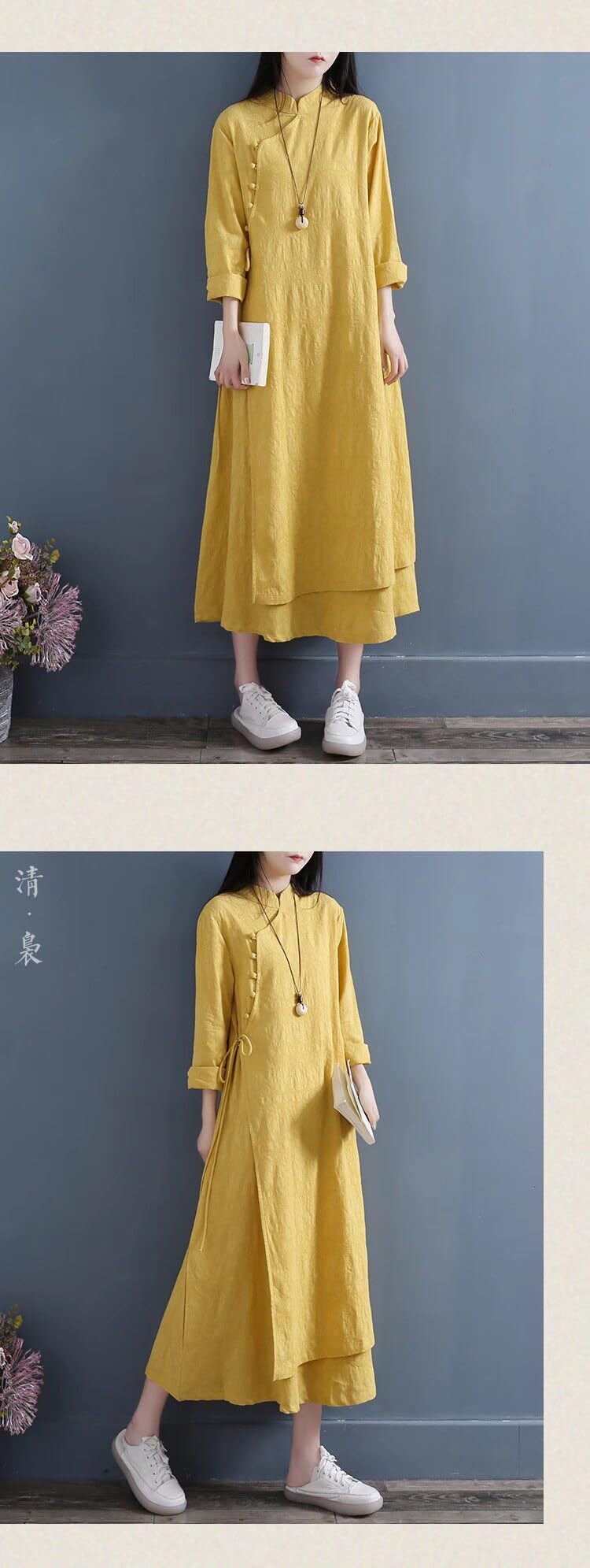 Abito longuette da donna in cotone e lino in stile cinese a maniche lunghe con orlo a strati Zen Tea Dress