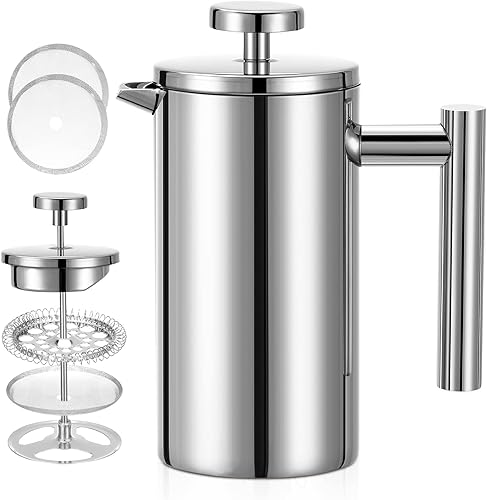 Meelio Cafetera de prensa francesa de acero inoxidable, prensa de café francesa grande con aislamiento de doble pared con 2 pantallas adicionales,