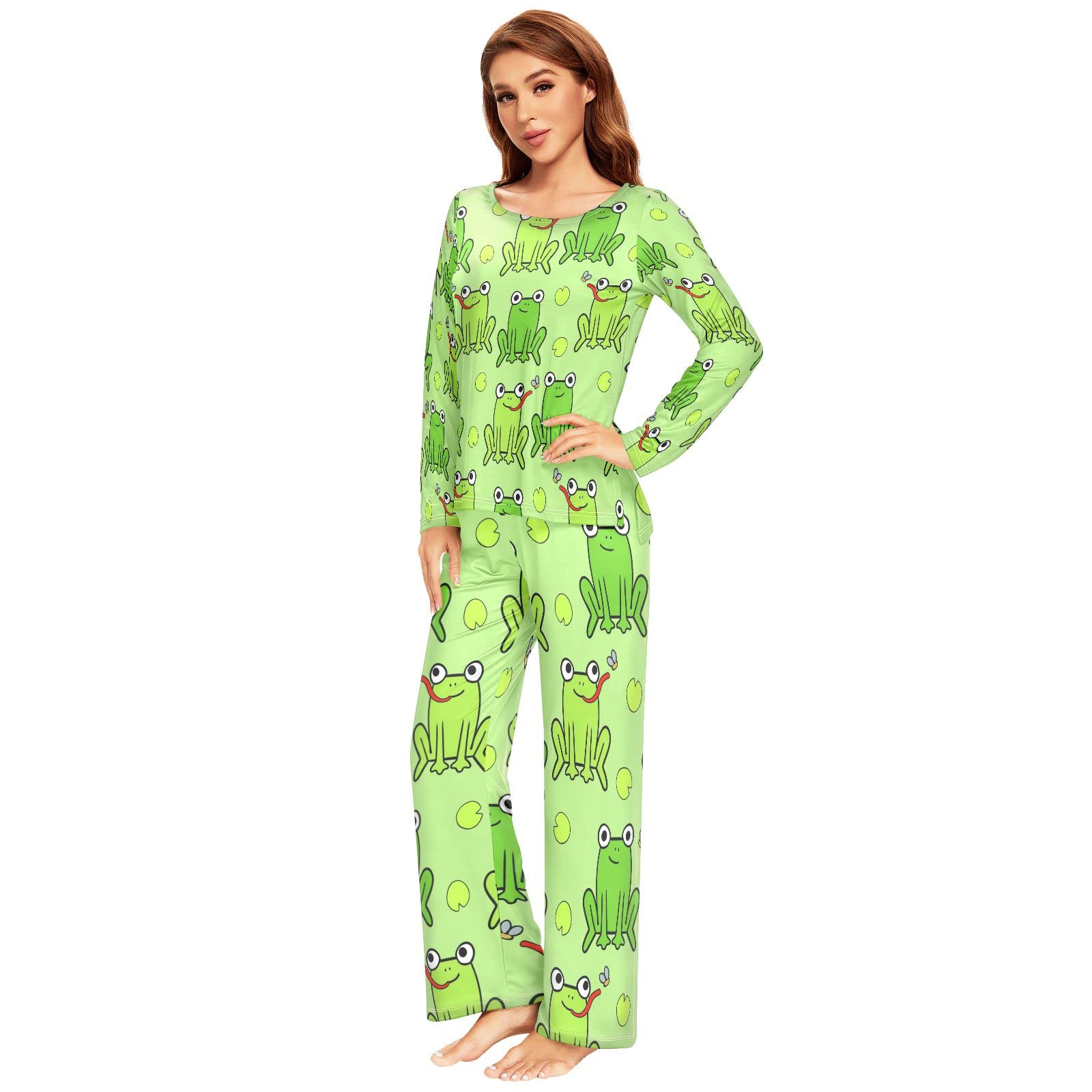 Schlafanzug Damen Lang Grüner Frosch-Muster Pyjama Damen Langarm Pyjamaset Nachtwäsche Zweiteiliger Hausanzug Sleepwear
