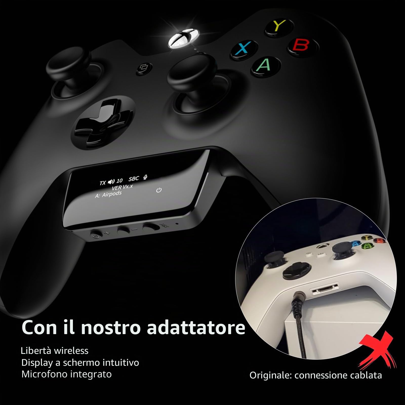 Adattatore Audio Wireless Bluetooth 5.2 per Controller Xbox One, Series X|S e Elite 2, Adattatore Xbox Mic con Schermo Supporta Bassa Latenza