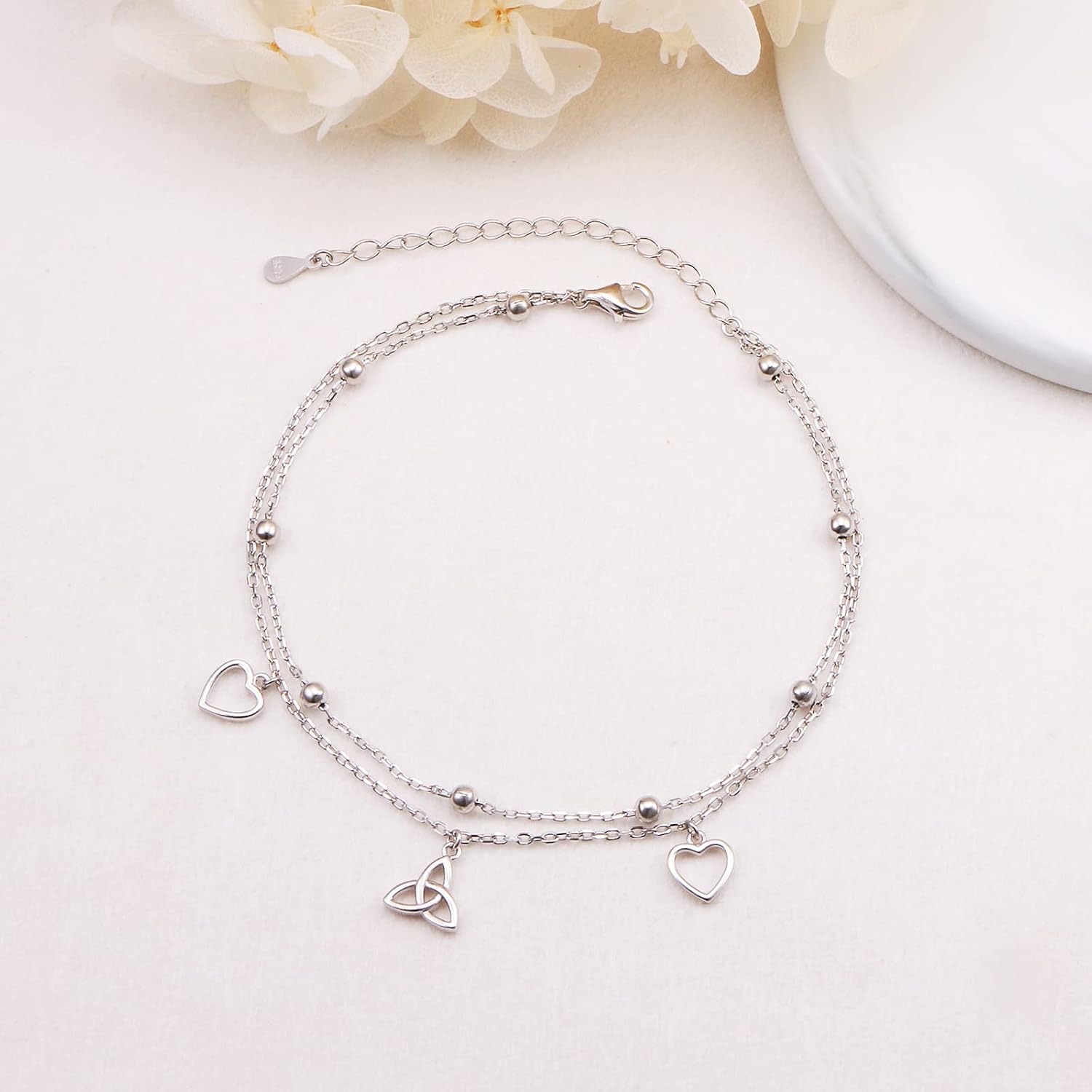 Anklet for Women S925 Sterling Silver Beach Style Foot Layered Adjustable Ankle Bracelet Disc Evil Eye Heart Infinity Bead Cross Jewelry