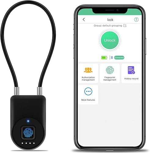 Miniatura 13 de Candado inteligente de cable de huellas dactilares, 6 pulgadas de largo con aplicación Bluetooth de huellas dactilares, biométrico sin llave, Negro