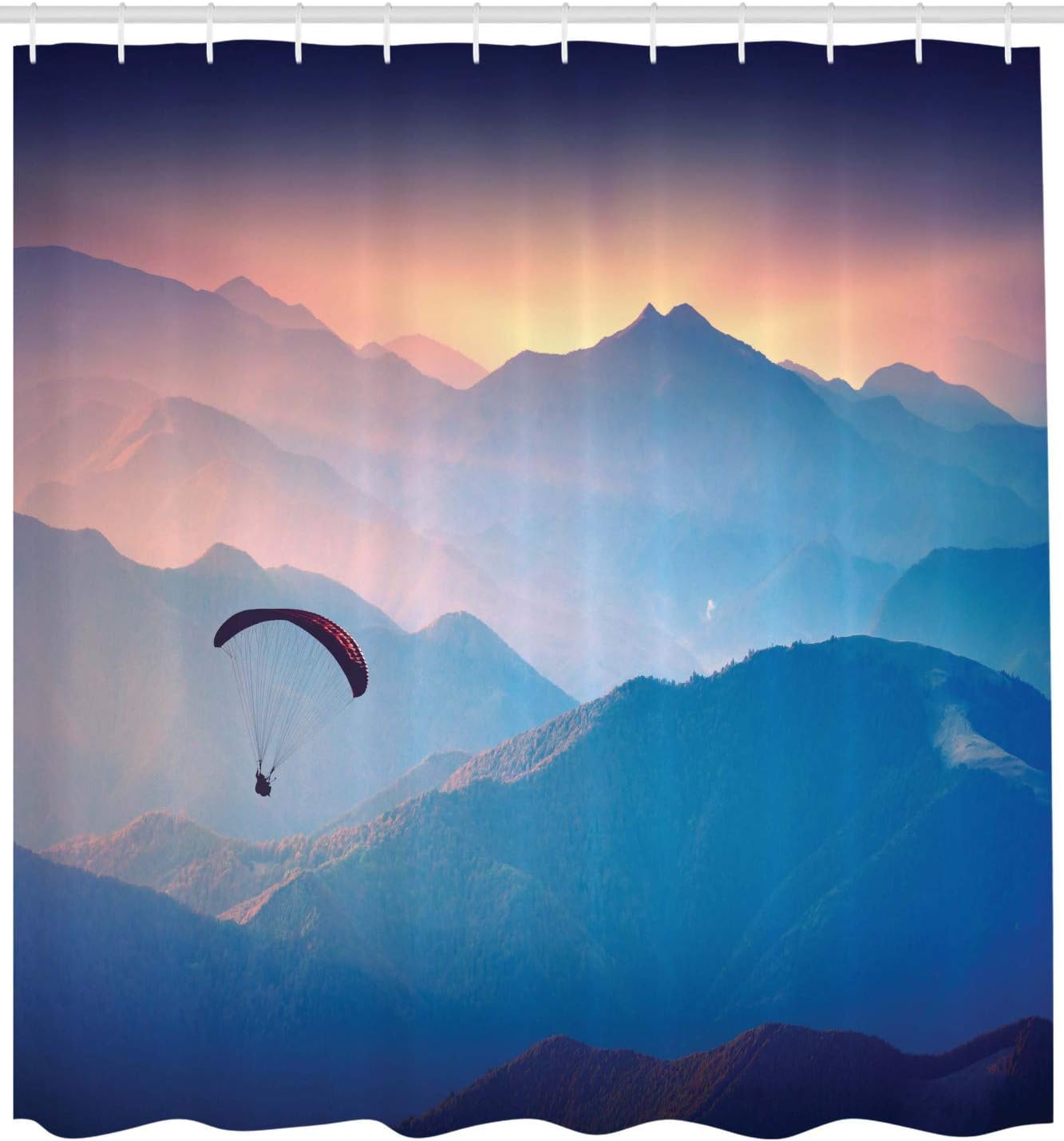 Ambesonne Sports Shower Curtain, Paraglide Flying Over Majestic Mountains Morning Valley Sunrise Sports Freedom Theme, Cloth Fabric Bathroom Decor Set with Hooks, 69" W x 70" L, Pink Blue