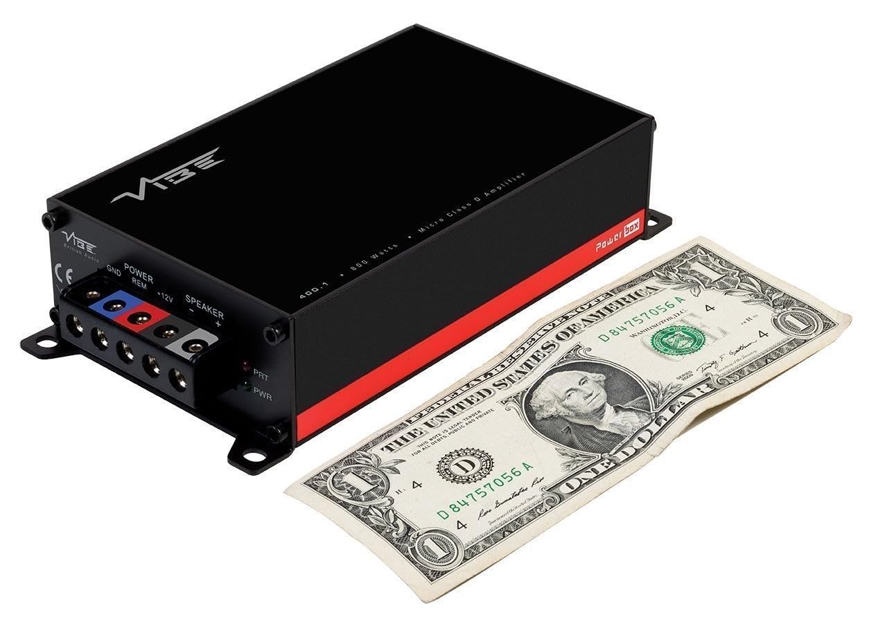 وائب پاور باکس مائیکرو مونو Amplifier next to a dollar bill for size comparison