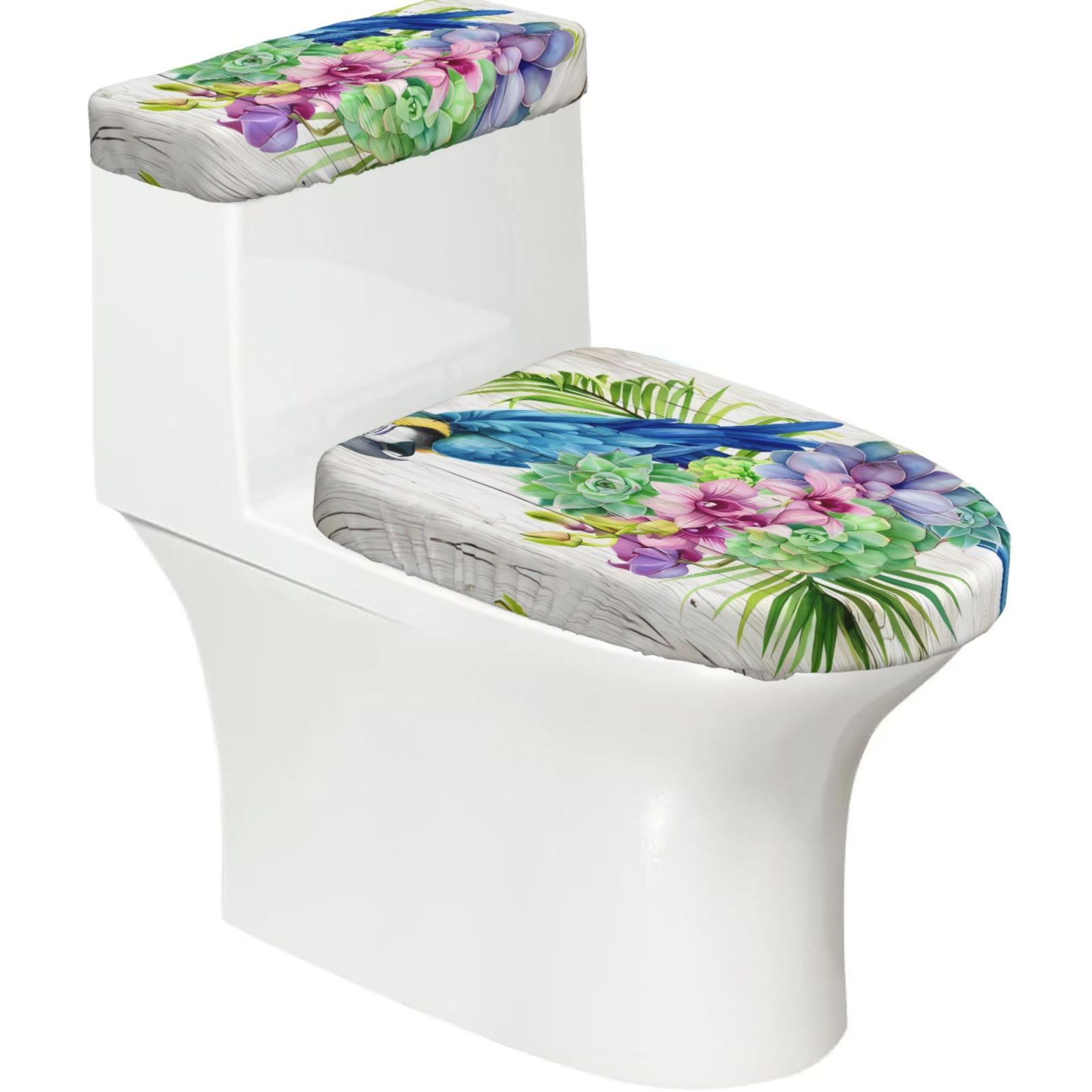 Mrowyc Black Blue Parrot In Flowers Printed Toilet Seat Set - Set Of 2 - Universal Toilet Seat Cover - Housewarming Birthday Christmas Gift