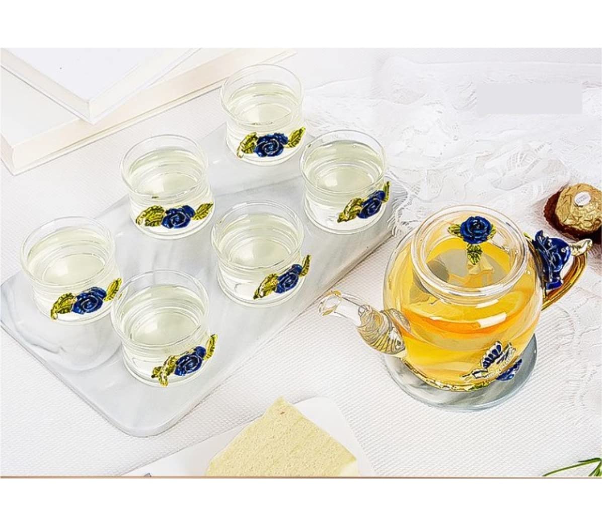 Juego Té Tetera 7 Uds Juego De Tazas Té Esmaltadas Tetera Vidrio Estilo Europeo Hogar 6 Flores Simple Negocios Artículos Hogar(Blue Rose)