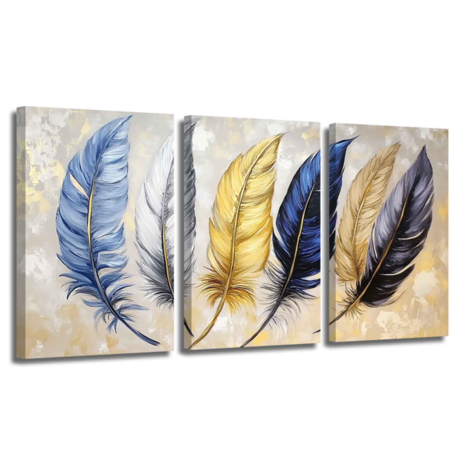 XLMDYYSW Feather Wall Art for Living Room 3 Piece Blue and Gold Pictures Abstract Cool Feather Canvas Prints Modern Paintings for Bedroom Office Decor