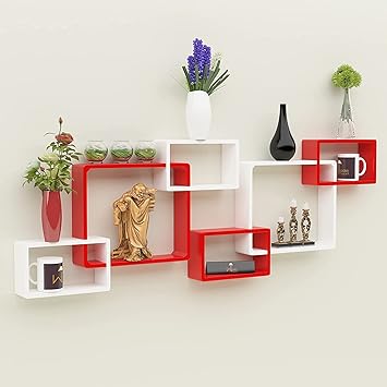 Heavenart Wooden Wall Rack Shelf for Living Room and Bedroom Intersecting Wall Mount Rack Shelves Set of 6 - Red & White