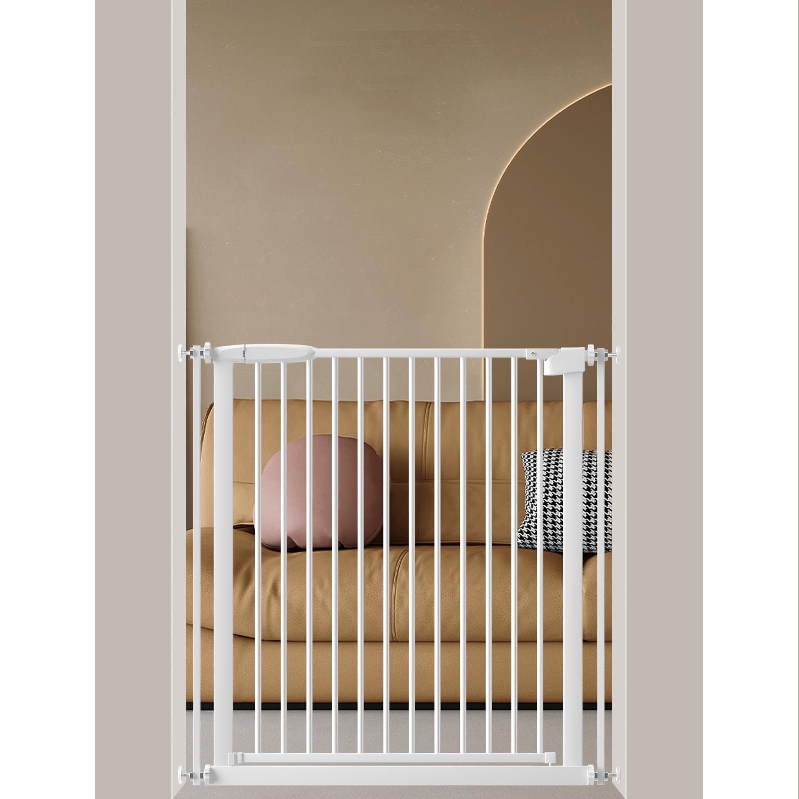 DEARBB Extra Wide Baby Gate Ultra Narrow Spacing 30.11-77.36" Pressure Mounted Double Lock Swing Auto Close Walk Through Metal Safety Pet Gate for Stairs and House Doorway Kitchen