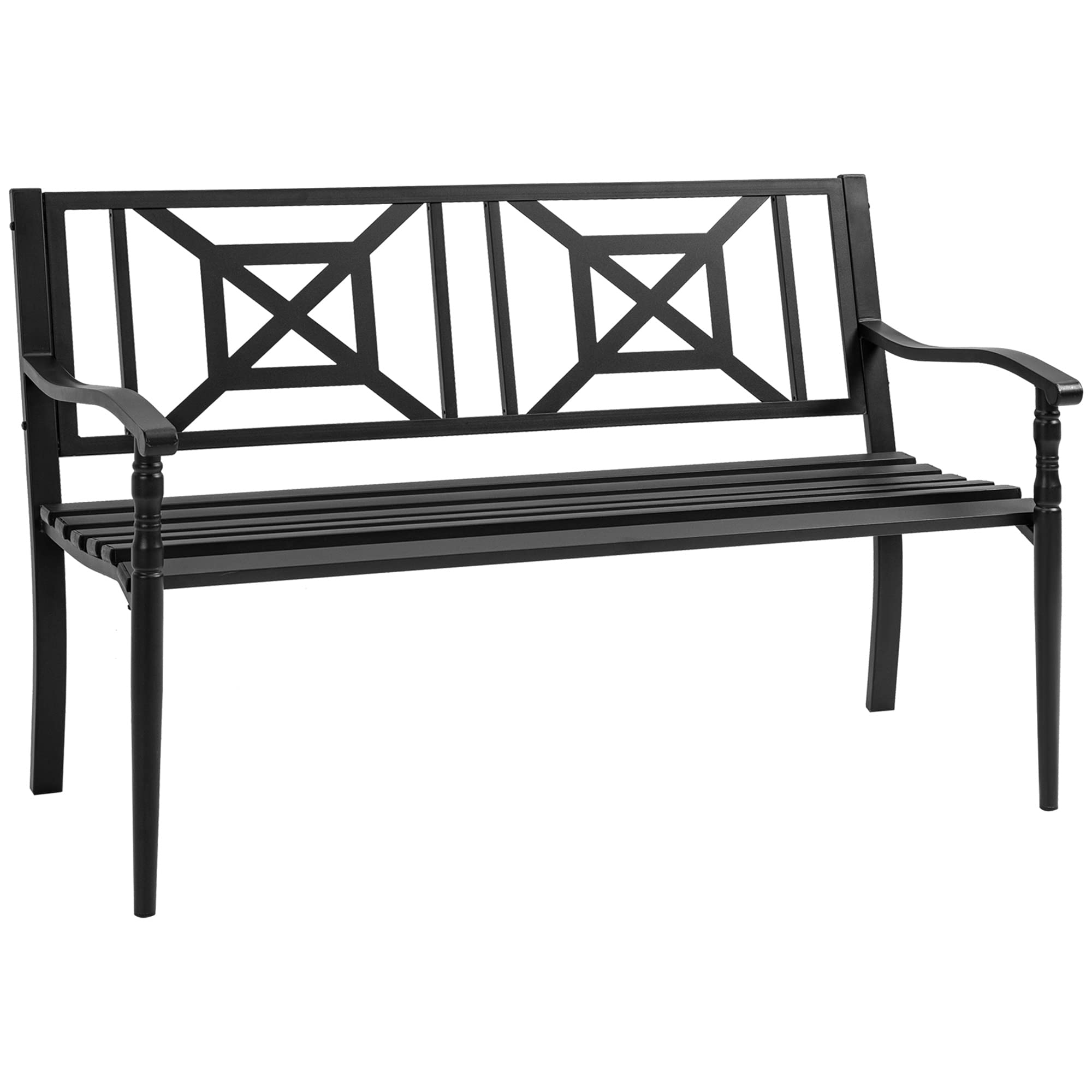 Outsunny Banco de jardín 2 plazas Respaldo Alto 128x62.5x81.5 cm Negro | Banco exterior terraza patio, asiento de listones, reposabrazos cómodos, acero