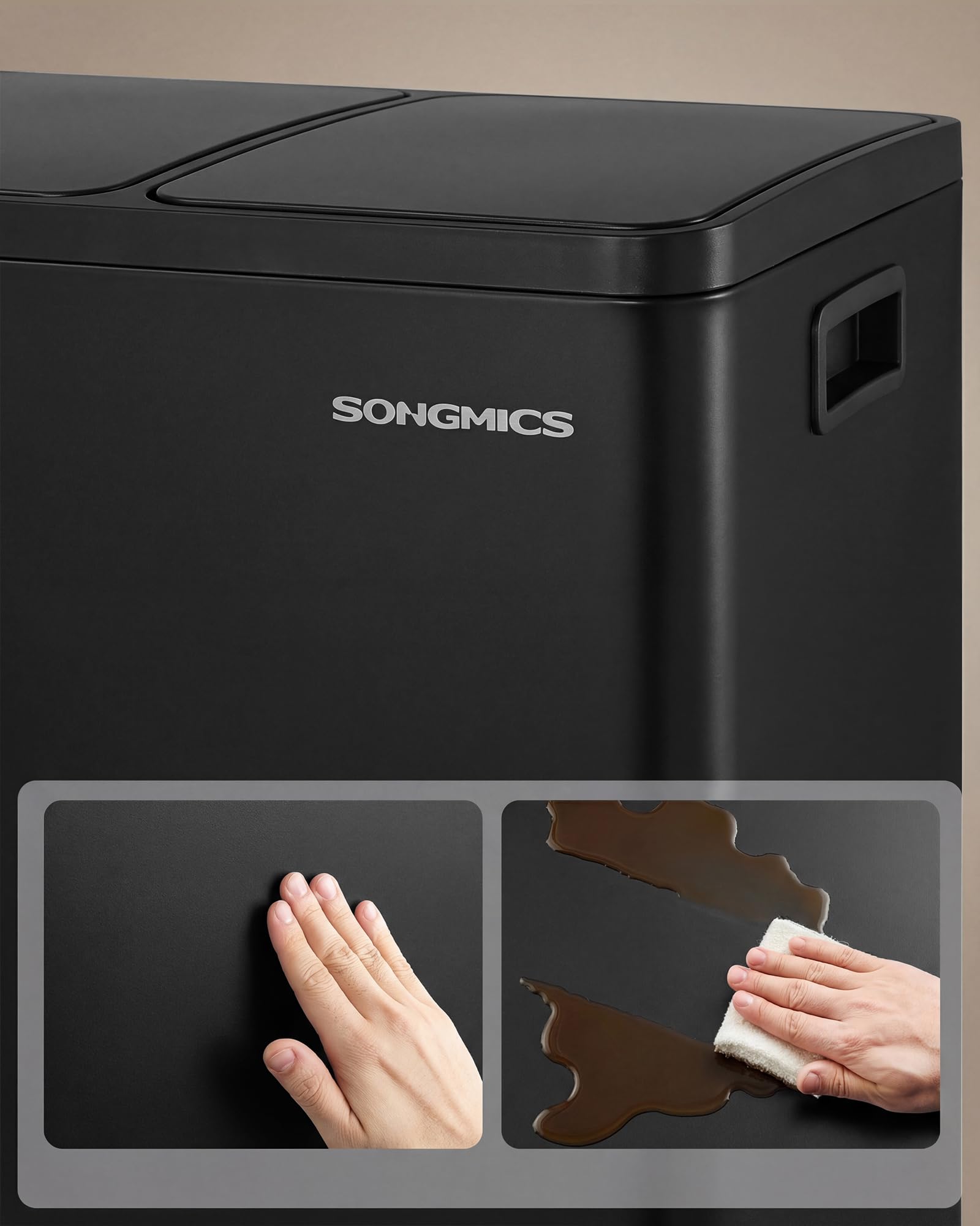 SONGMICS Kosz kuchenny, 2 x 15 l, 2-komorowy kosz do recyklingu z 15 workami na śmieci, wyjmowane wiadra wewnętrzne, pokrywa, uchwyty, miękkie zamknięcie, stal, czarny LTB130BZ02