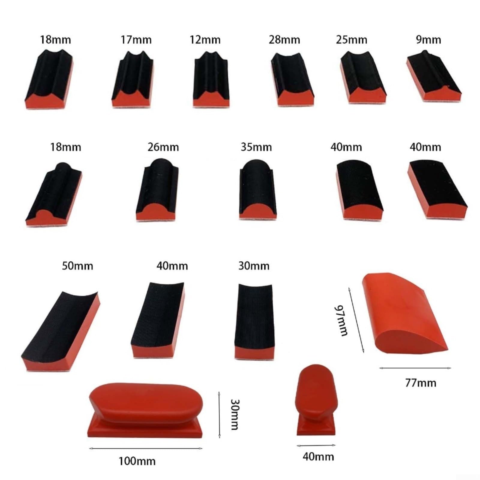 Kit di blocchi abrasivi a forma di 16 pezzi con 40 fogli abrasivi autofloccati, morbidi cuscinetti in schiuma di poliuretano rosso per molatura multiforma, ideali per lucidare mobili in legno e