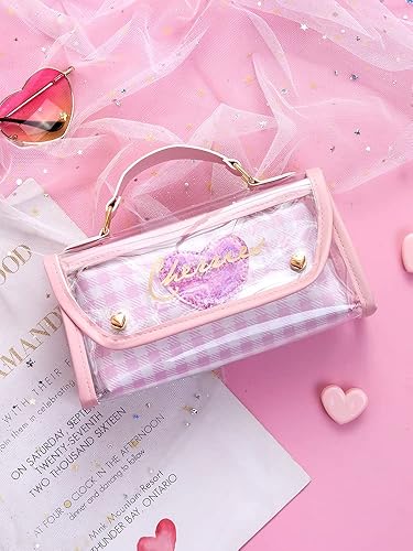 Estuche para lápices con diseño de corazón transparente y bonito diseño de cerezas, material estético kawaii, papelero (corazón rosa)