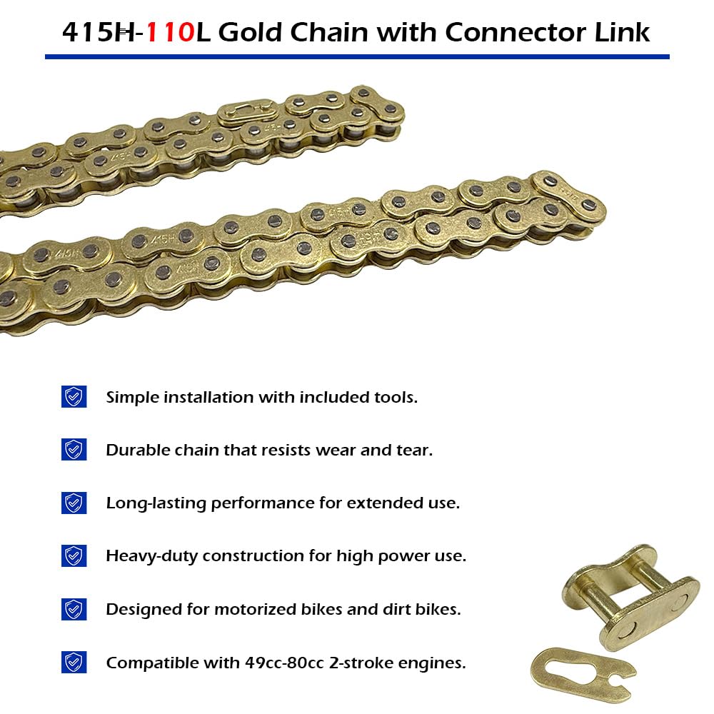 415H-110L Gold Chain with Connector Link for 49cc 60cc 66cc 80cc 2-Stroke Engine Motorized Bicycle Heavy Duty Racing Chain with 6 Chain Links with Chain Breaker — Amazon image 2